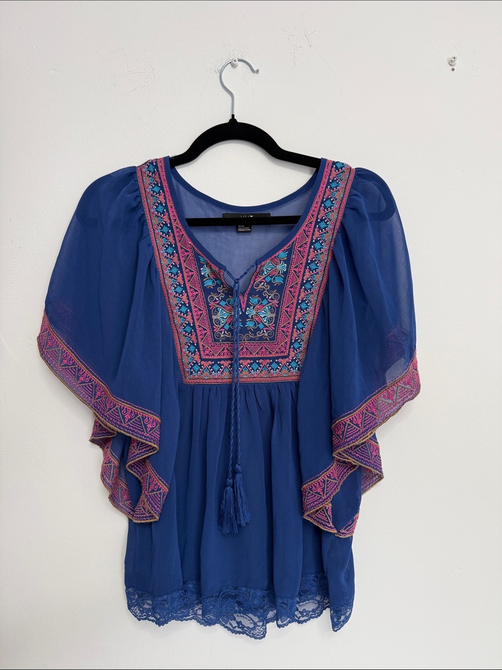 Forever 21 Royal Blue Embroidered Peasant Tunic with Pink Trim